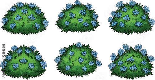 Six vibrant blue flowering bushes, illustrated in a charming, slightly pixelated style