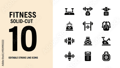 Fitness Solid Cut 10 Editable Stroke Line Icons Set.