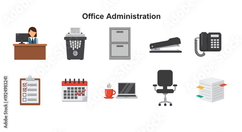 Office administration icons arranged in two rows with a central title