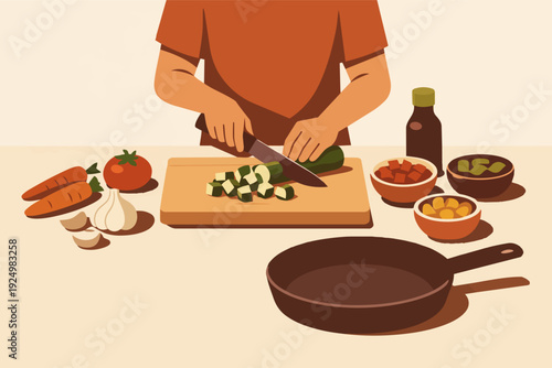 Person preparing healthy food, cutting zucchini on a board, cooking fresh dinner