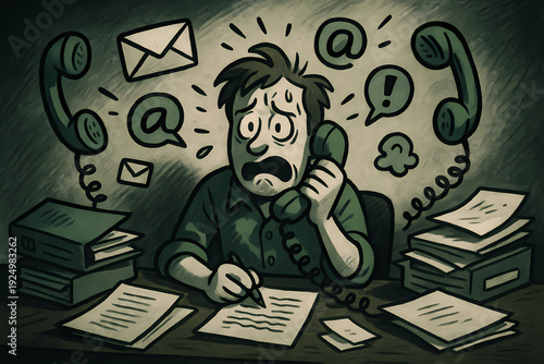 Man Overwhelmed by Work and Communication in a Chaotic Office Environment