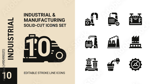 Industrial and Manufacturing Solid Cut Icons Set.