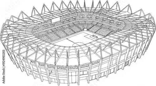 Aerial sketch of a large, open-air sports stadium with a modern roof structure