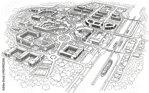 Aerial sketch of a modern cityscape with waterways and transportation