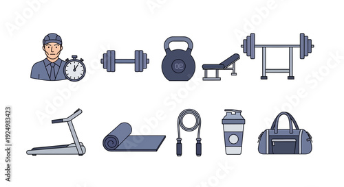 Row of nine flatstyle vector icons representing fitness and gym equipment