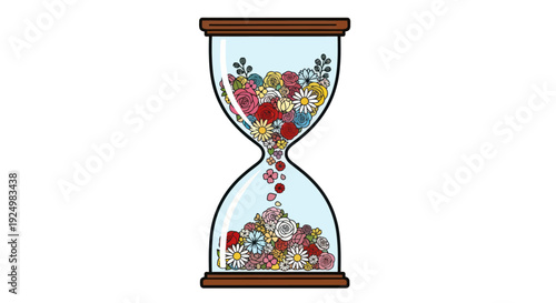 Colorful flowers falling through an hourglass, symbolizing the passage of time.