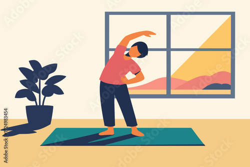 Woman exercising at home, practicing yoga and stretching for health and wellness