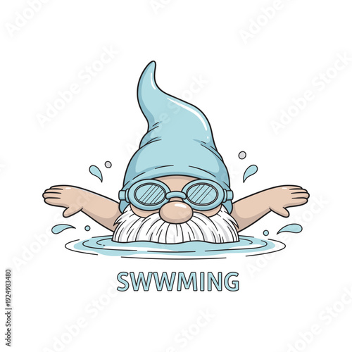 Gnome swimming in water with goggles on a white background
