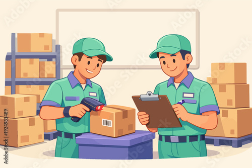 Warehouse workers managing inventory, scanning barcode and checking order details