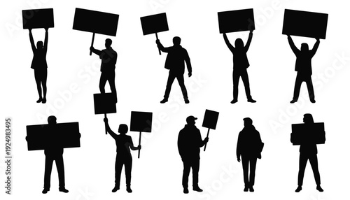 Diverse group of people participating in a peaceful protest with signs isolated on white background, Vector, illustration