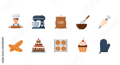 Ten baking icons arranged in two horizontal rows on a white background
