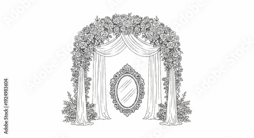 Ornate floral arch with draped fabric and decorative oval mirror