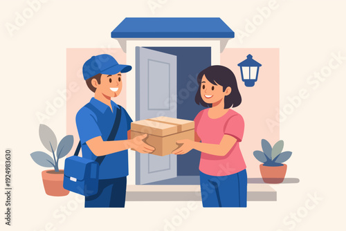 Courier delivering package to a smiling woman at her home door