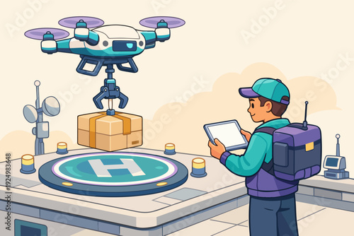Drone delivering package to operator on a helipad, showing logistics automation