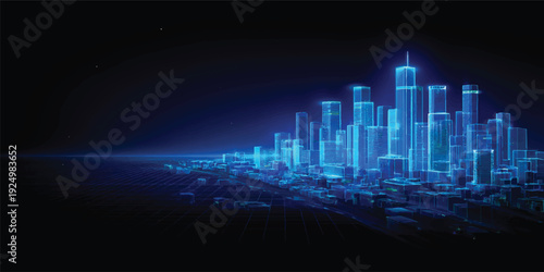 Abstract blue vector illustration of an urban city skyline at night featuring stylized building silhouettes and skyscraper architecture in a modern business design
