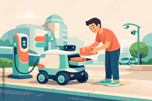 Automated robot delivering package to man at charging station in smart city street