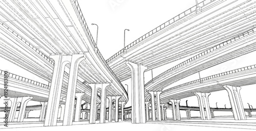 Complex interchange of elevated concrete highways, viewed from below, showing supporting pillars