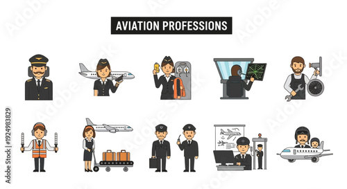 Ten cartoon illustrations depicting various aviation professionals and related scenes