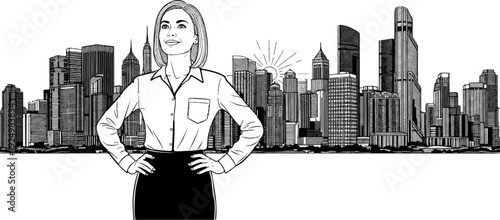Confident woman stands before a stylized city skyline at sunrise