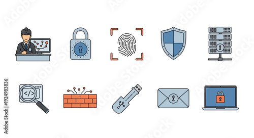 Ten distinct colored lineart icons related to cybersecurity and digital defense