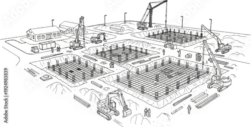 Construction site with foundations, cranes, excavators and workers