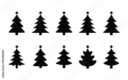 Collection of stylized black christmas trees in various shapes and sizes isolated on white background, Vector, illustration