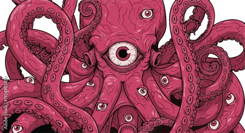 An intricate illustration of a pink octopus with tentacles and a central eye, viewed from directly above