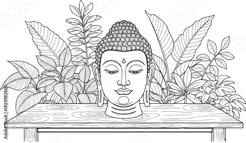 Buddha's serene face emerges from lush tropical foliage on a wooden table