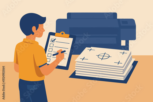 Printing technician performing quality control check on paper documents