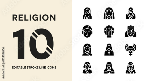 Set of 10 Editable Stroke Line Icons Representing Religion.