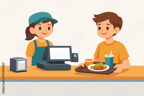 Fast food cashier serving a happy customer receiving a meal with a drink