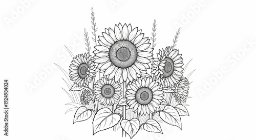 Black and white line art drawing of a bouquet of sunflowers and grasses