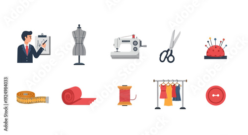 Ten flatdesign icons related to fashion and sewing displayed in two rows