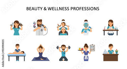 Ten flat vector illustrations depicting various beauty and wellness professions in two rows