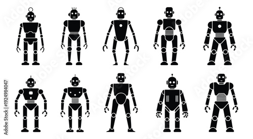 Evolution of humanoid robot designs in black and white silhouette style isolated on white background, Vector, illustration