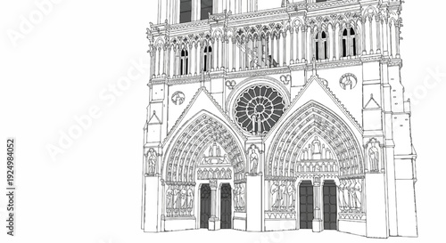 Detailed line drawing of a grand Gothic cathedral facade with rose window and sculptures