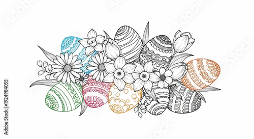 Decorated Easter eggs and blooming flowers with delicate line art