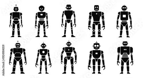Evolution of humanoid robot designs in monochrome silhouette style isolated on white background, Vector, illustration