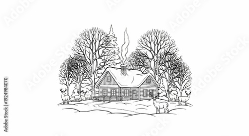 Cozy winter log cabin nestled among snow-covered trees with deer