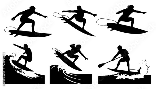 Surfing Human Silhouette Action Set – Dynamic Surfboard Poses Black Vector Isolated