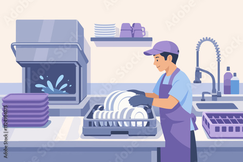 Man washing dishes in a commercial kitchen using a professional dishwasher machine