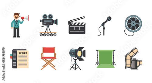 Ten flatstyle icons related to film production arranged in two rows