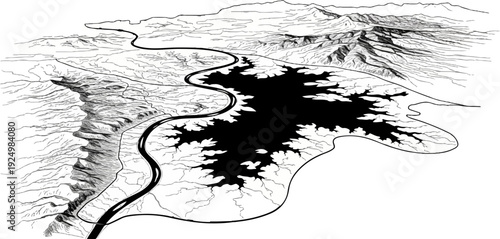 Black lake fed by meandering river, surrounded by detailed topographical mountains