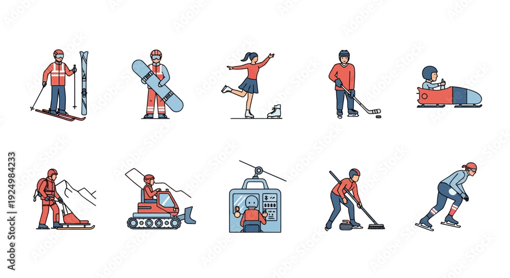 Fototapeta premium Ten icons representing winter sports and mountain support activities on a white background