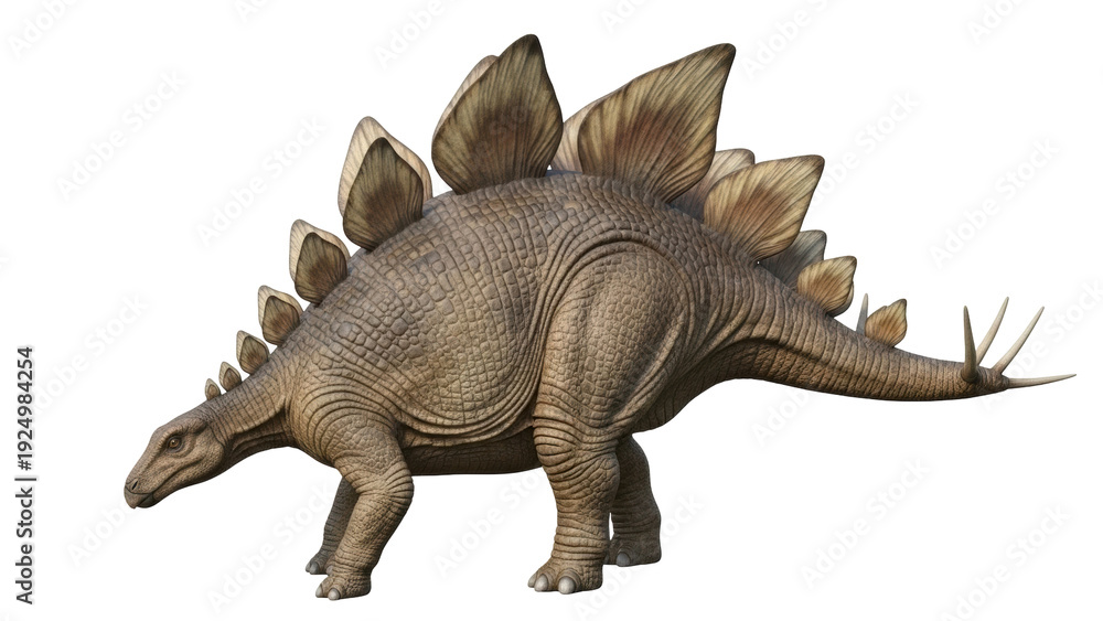 Fototapeta premium Isolated Stegosaurus dinosaur animal with thick plates and sharp spikes is on display
