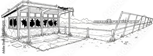 Dilapidated sports facility with broken windows and a neglected field