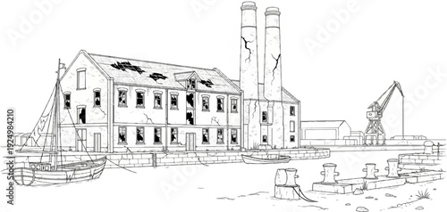 Dilapidated industrial building with smokestacks and boats in a harbor