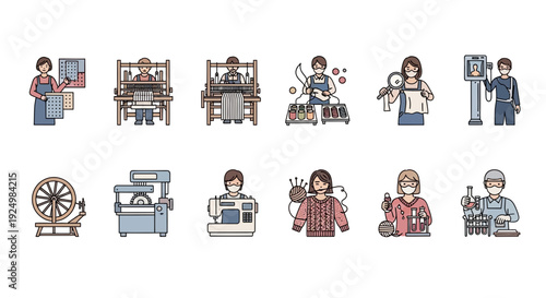 Ten icons depicting textile industry processes and workers top and bottom rows