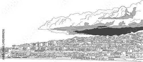 Dense, monochrome illustration of layered buildings under dramatic, dark clouds