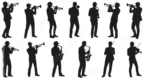 Silhouettes of musicians playing brass instruments in a marching band formation isolated on white background, Vector, illustration